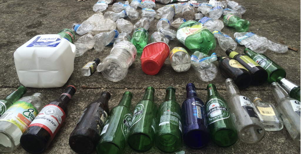 Beer bottles, soda cans, water bottles and other litter.